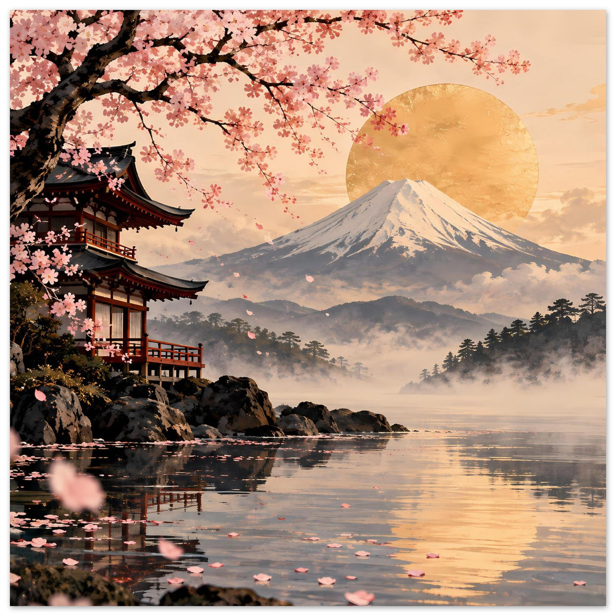 Querformat-Poster: Kirschblütenzweige, Tempelgebäude und Fuji-Berg im Sonnenkreis am See