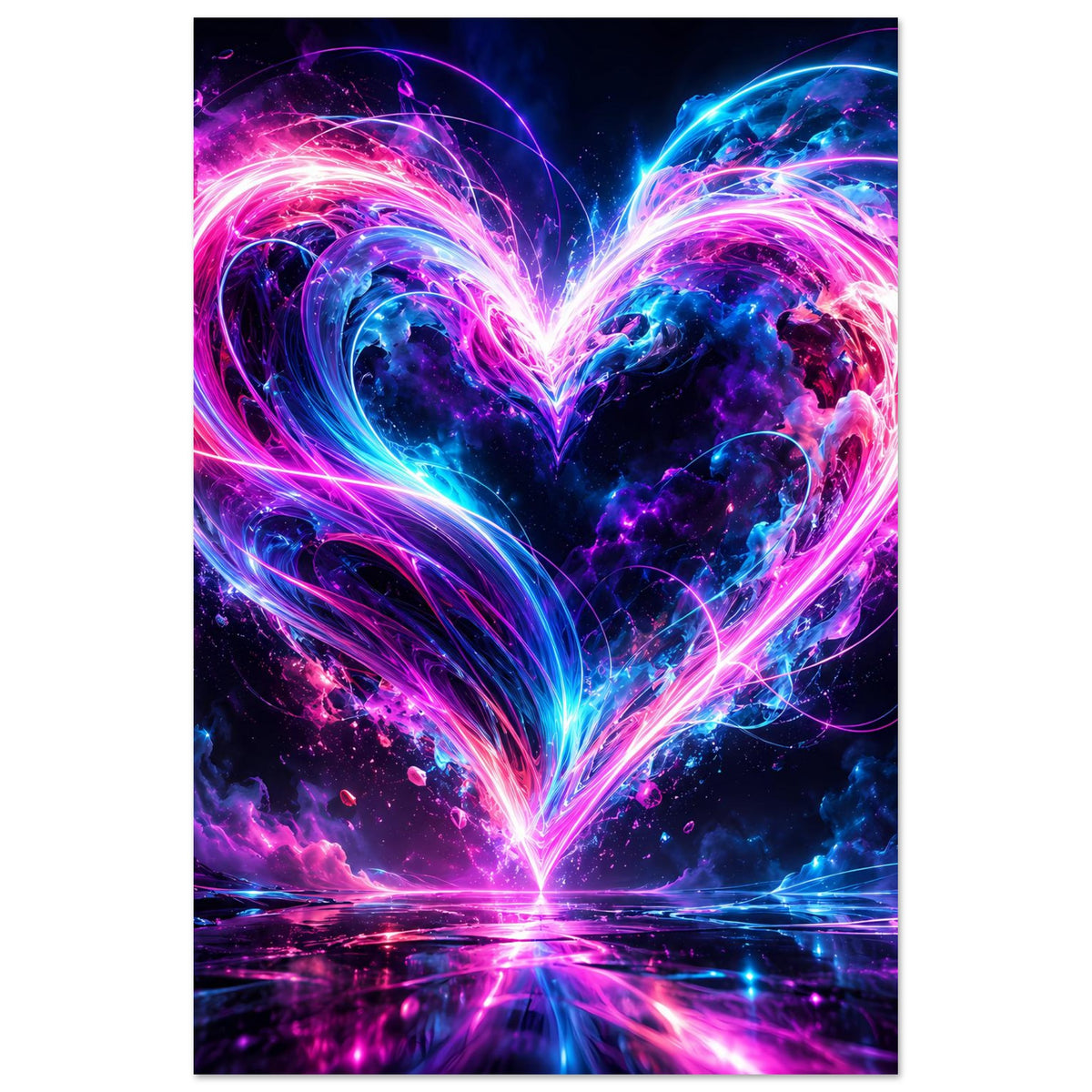 Kunstposter mit leuchtendem Neon-Herz in Pink und Blau, abstrakte Lichtwirbel