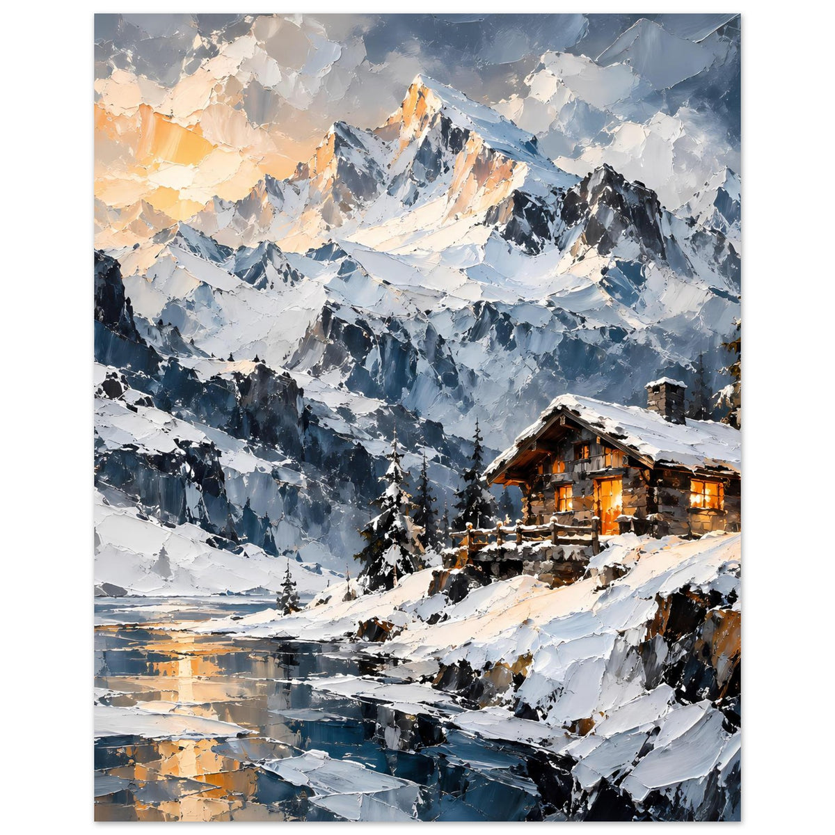 Poster im Hochformat: winterliche Berge, verschneite Hänge und Berghütte mit warmen Fenstern