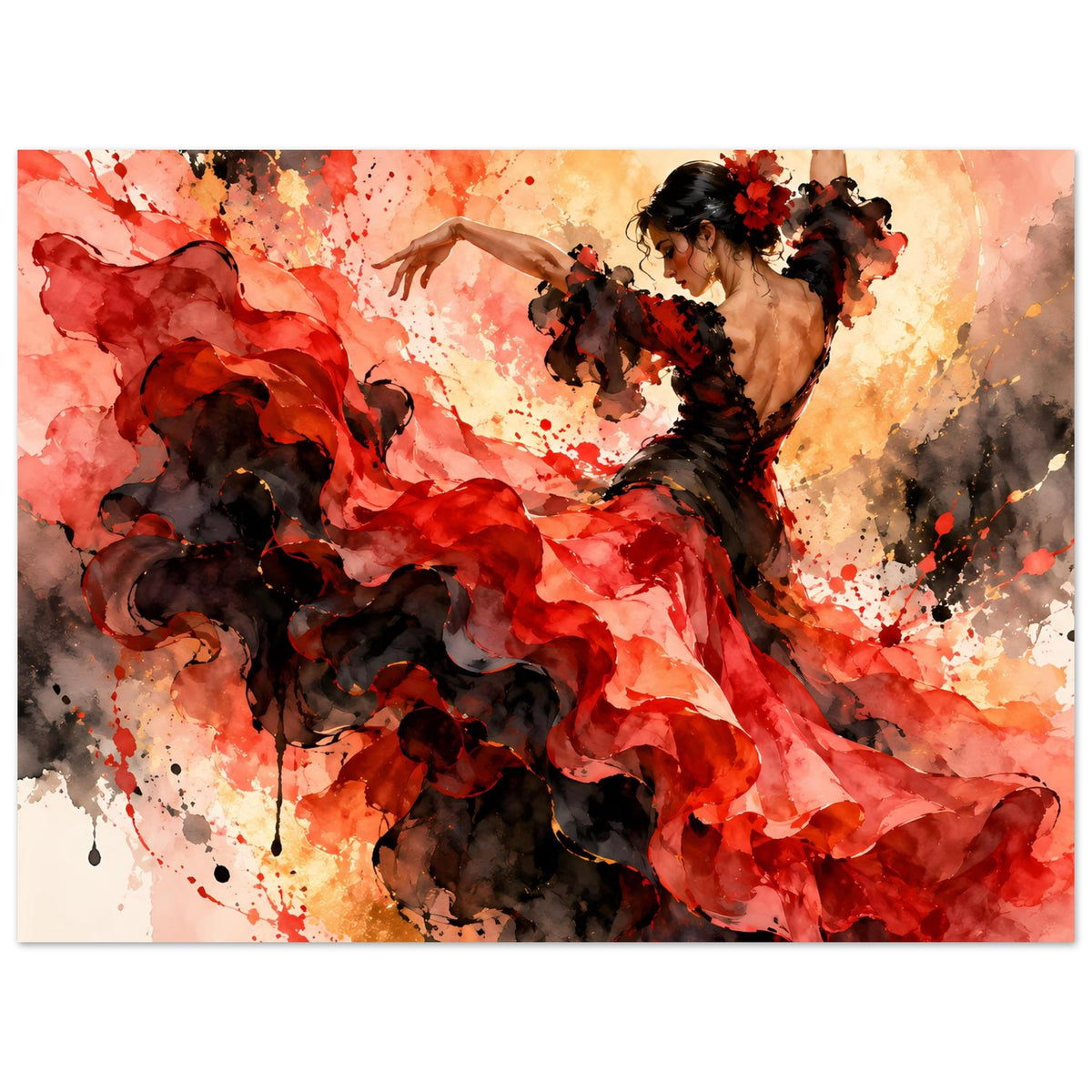 Flamenco-Tanzposter mit Tänzerin in Rot-Schwarz, Tänzerpose mit angewinkelten Armen