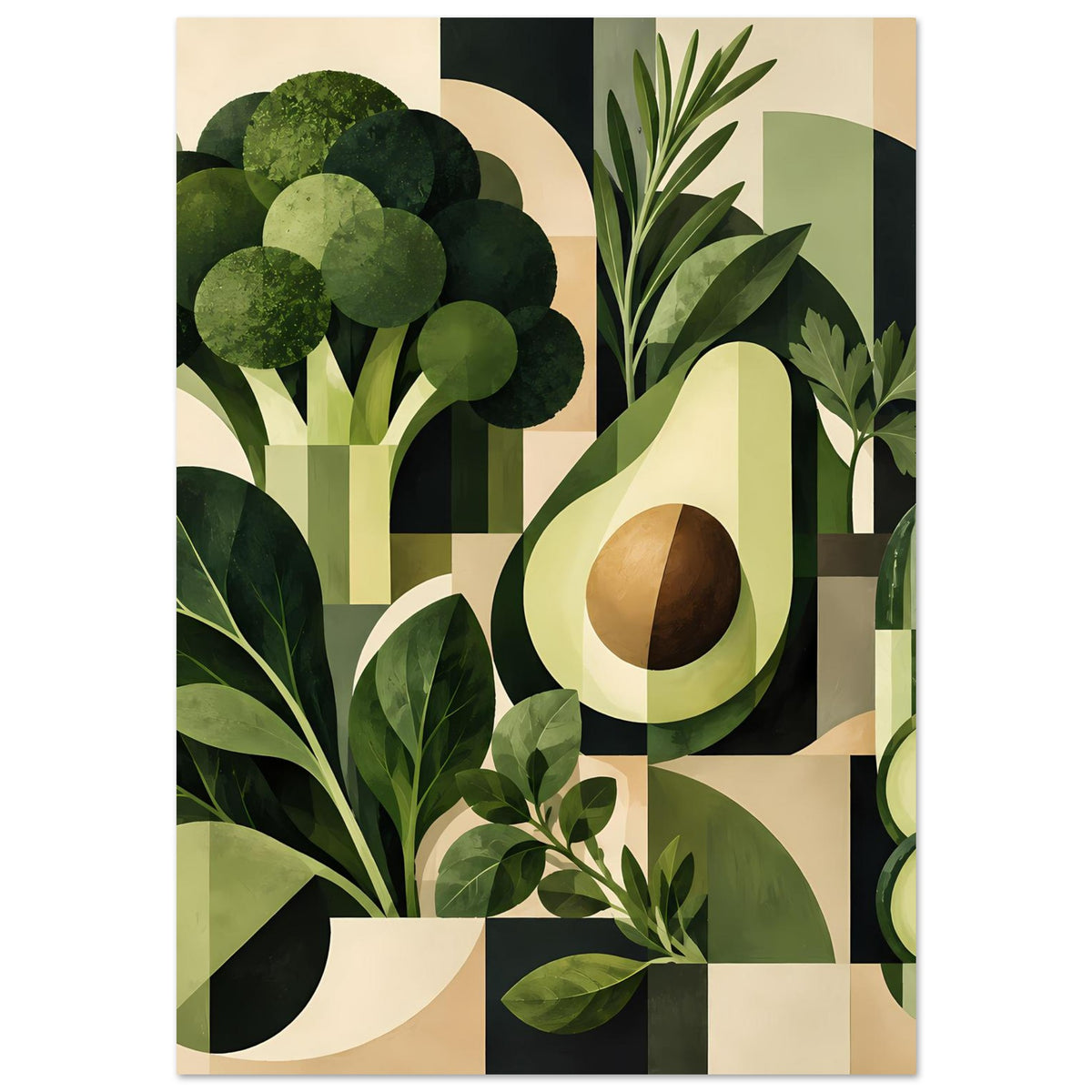 Geometrisches Poster mit Avocado und Blättern in Grün-Nuancen, vollständig sichtbar