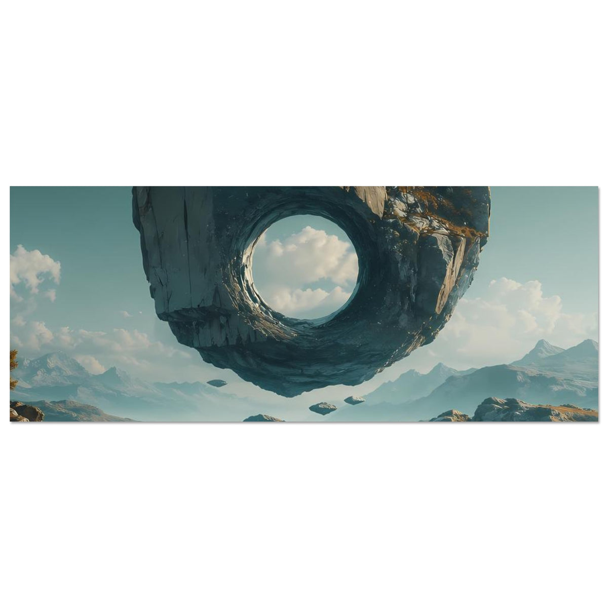 Horizontales Poster mit schwebendem Felsring und See-Landschaft, Person klein im Hintergrund