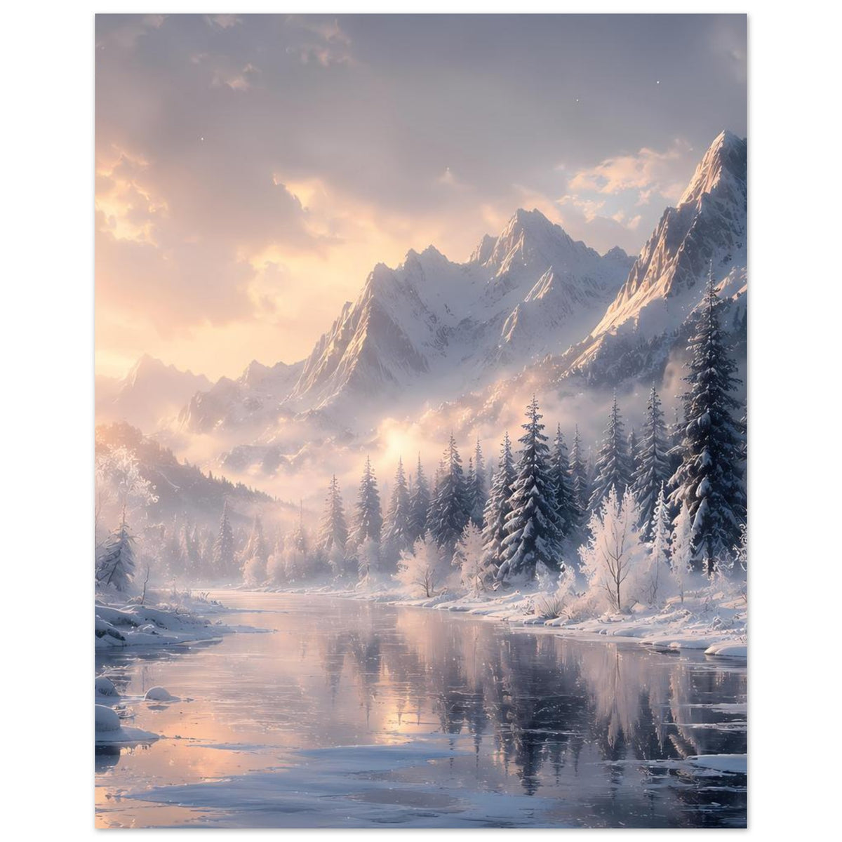 Winterlandschaftsposter: verschneite Fichten, Berggipfel und glatte Wasserfläche im Winter.