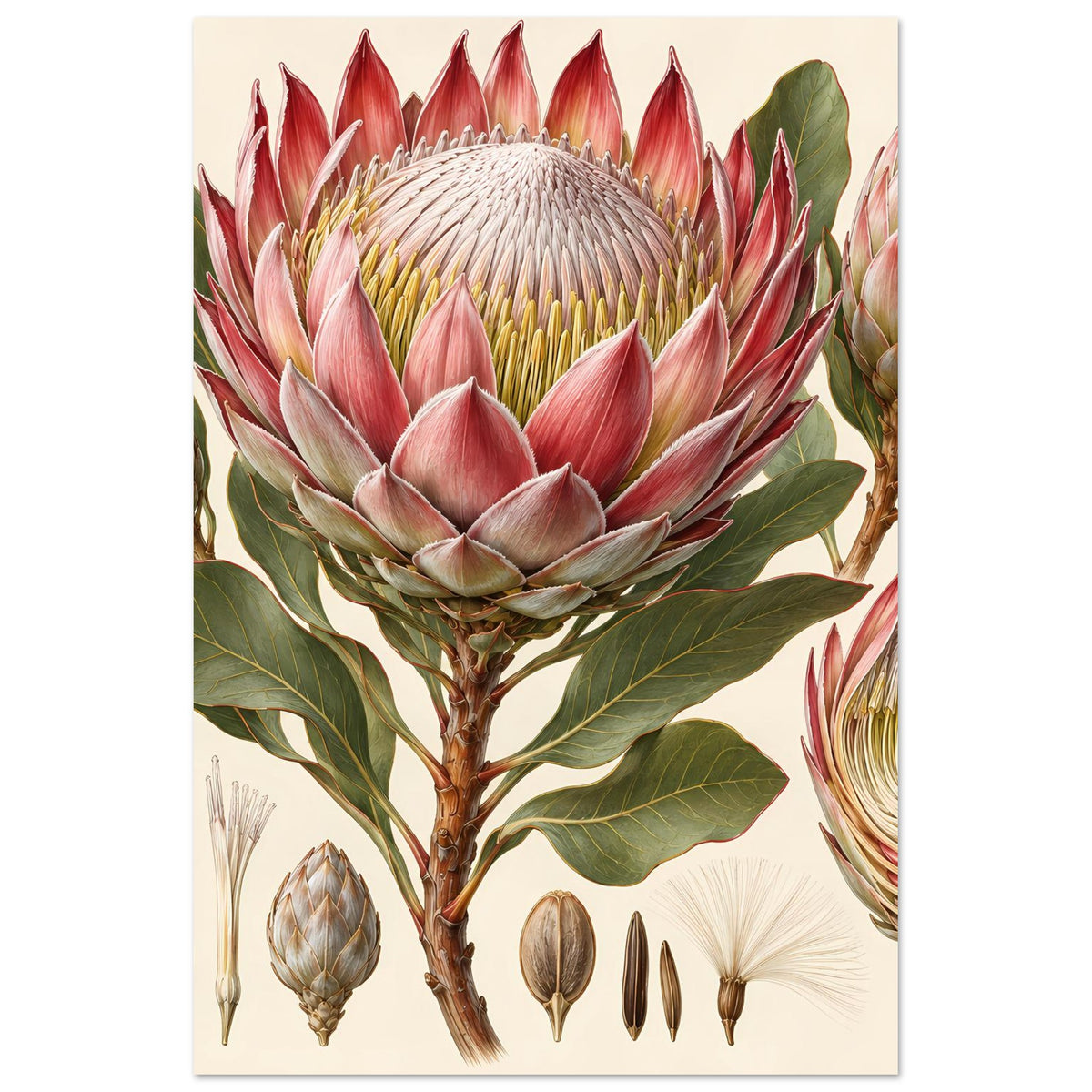 Botanisches Protea-Blumenposter auf matter Papierfläche, vertikal mit Protea und Blättern