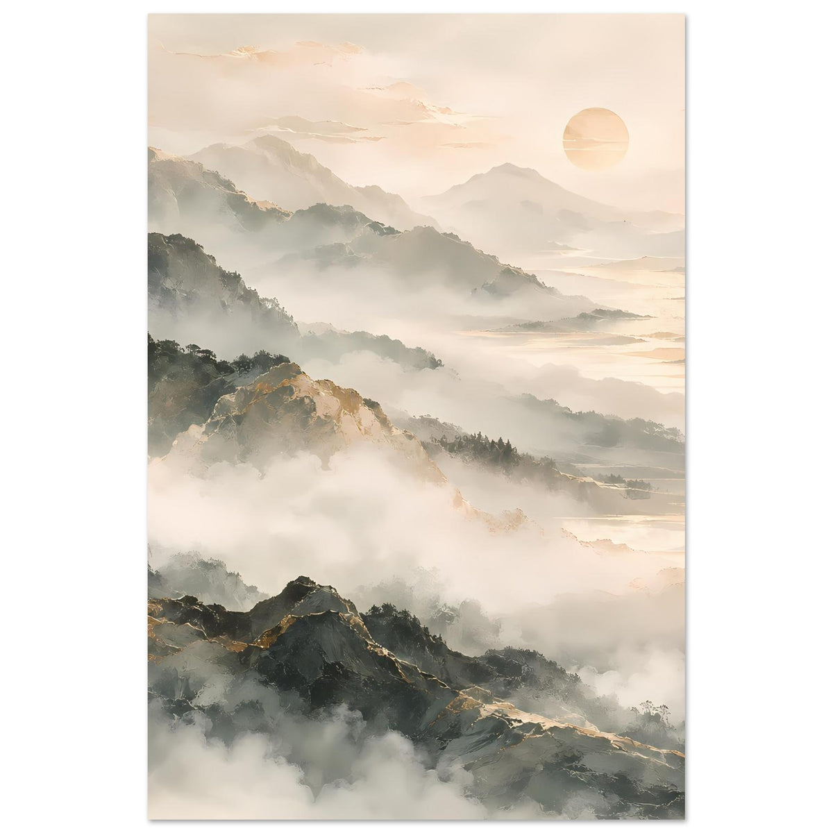 Hochformat-Poster mit nebligen Bergen, warmen Beige- und Goldtönen sowie runder Sonne oben