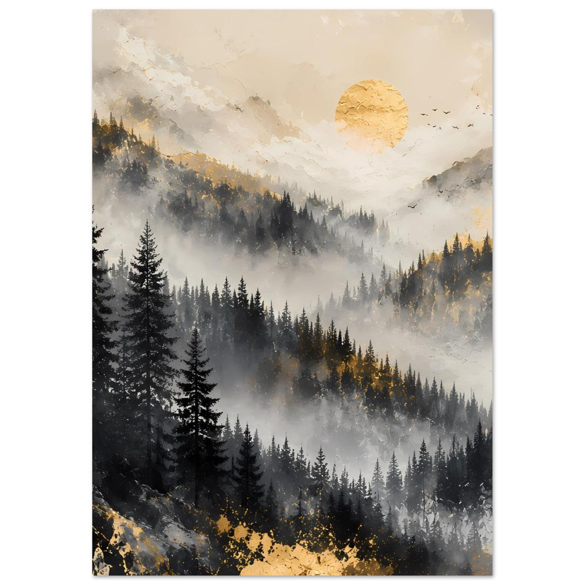 Poster mit Berglandschaft im Nebel: dunkle Tannen, goldene Sonne am Himmel, Berge im Hintergrund