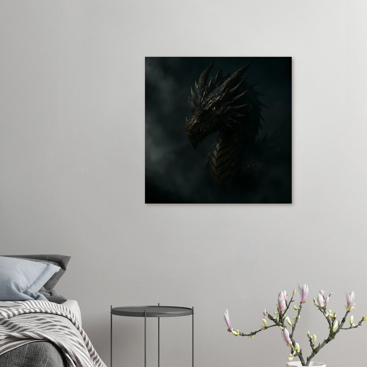 Kleines Poster mit dunklem schwarzem Drachenkopf und orangefarbenem Auge