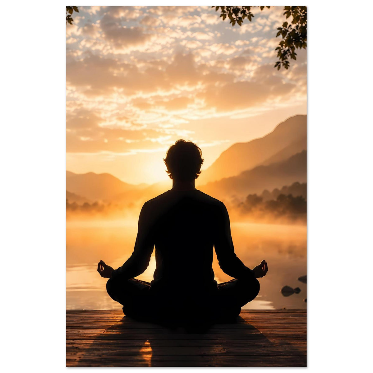 Zen-Meditationsposter: Silhouette im Lotussitz vor Sonnenaufgang am See.