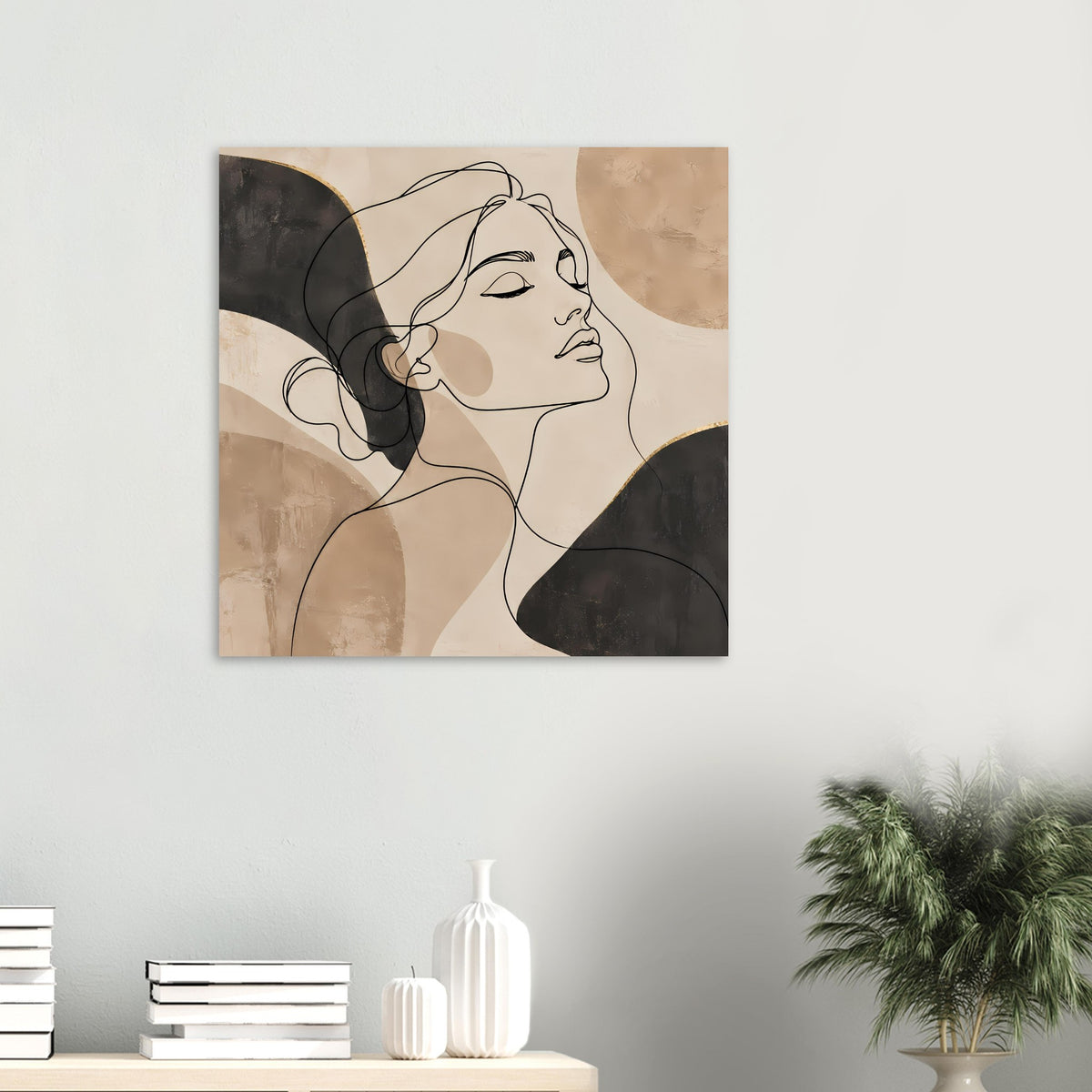 Kunstposter mit Line-Art-Porträt im Profil, Beige und dunklen Flächen