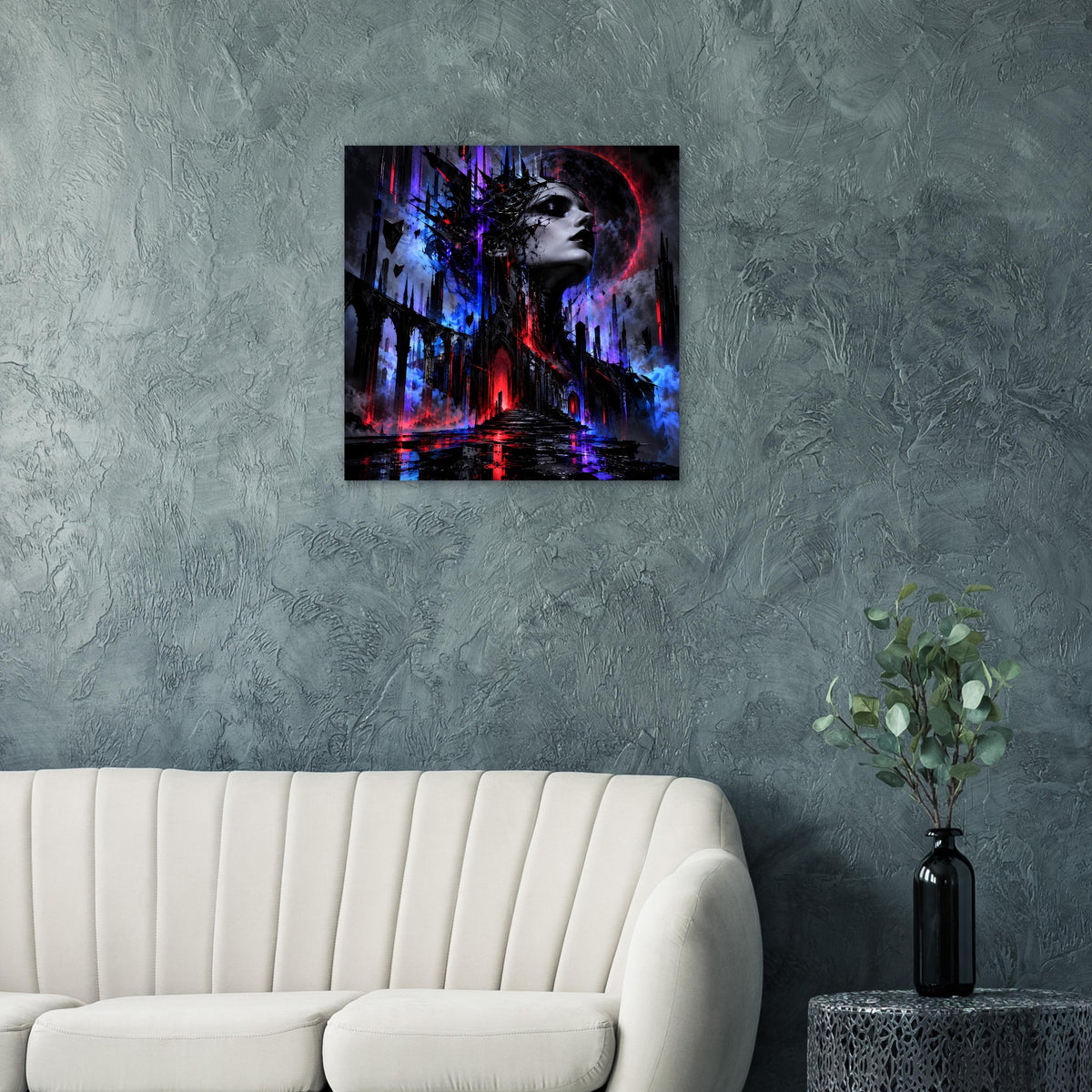 Rechteckiges Gothic-Fantasy-Poster mit Frauenprofil und Neon-Glühen in Rot und Blau