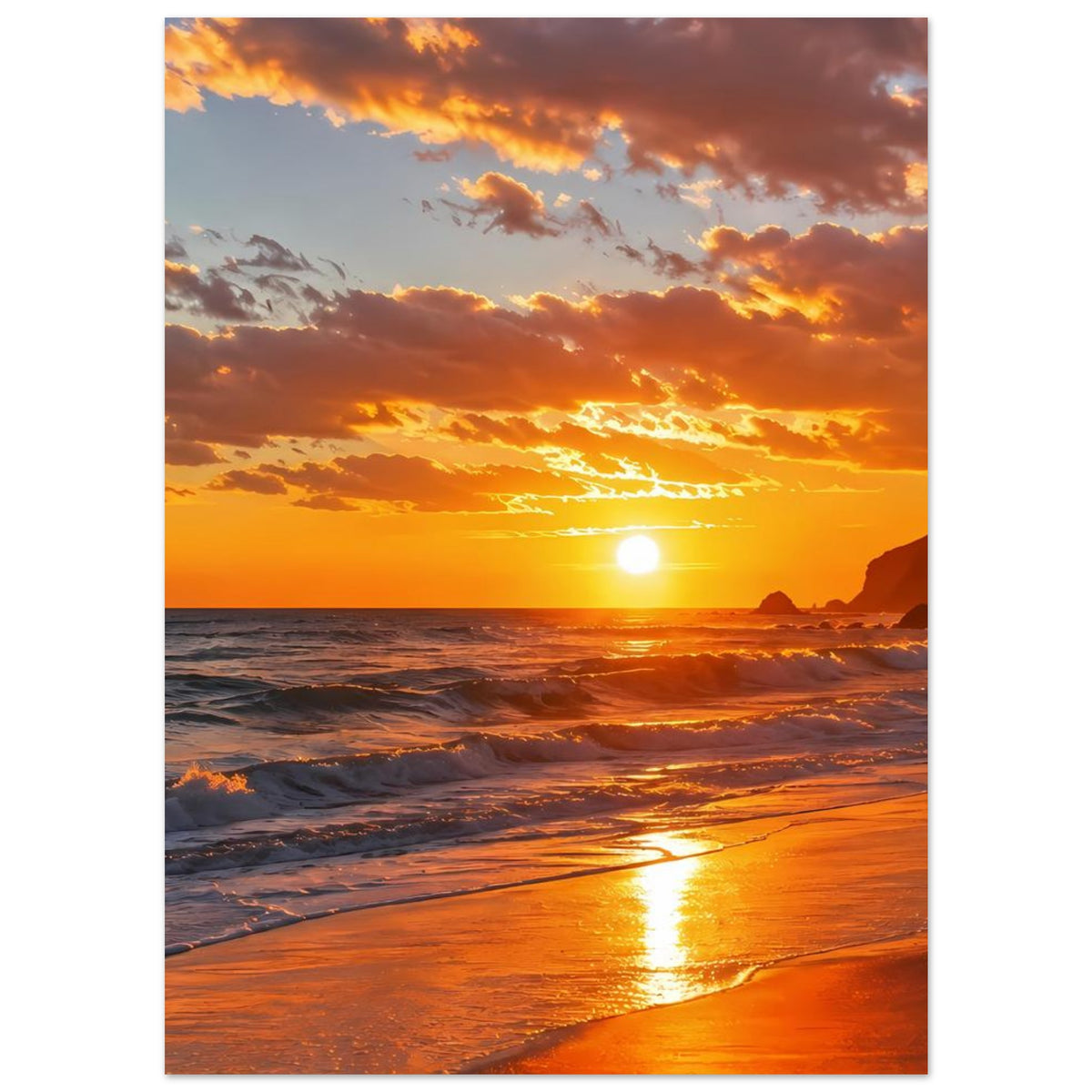 Vertikales Strand-Sonnenuntergangs-Poster mit orangefarbenem Sonnenuntergang und Meer im Hintergrund