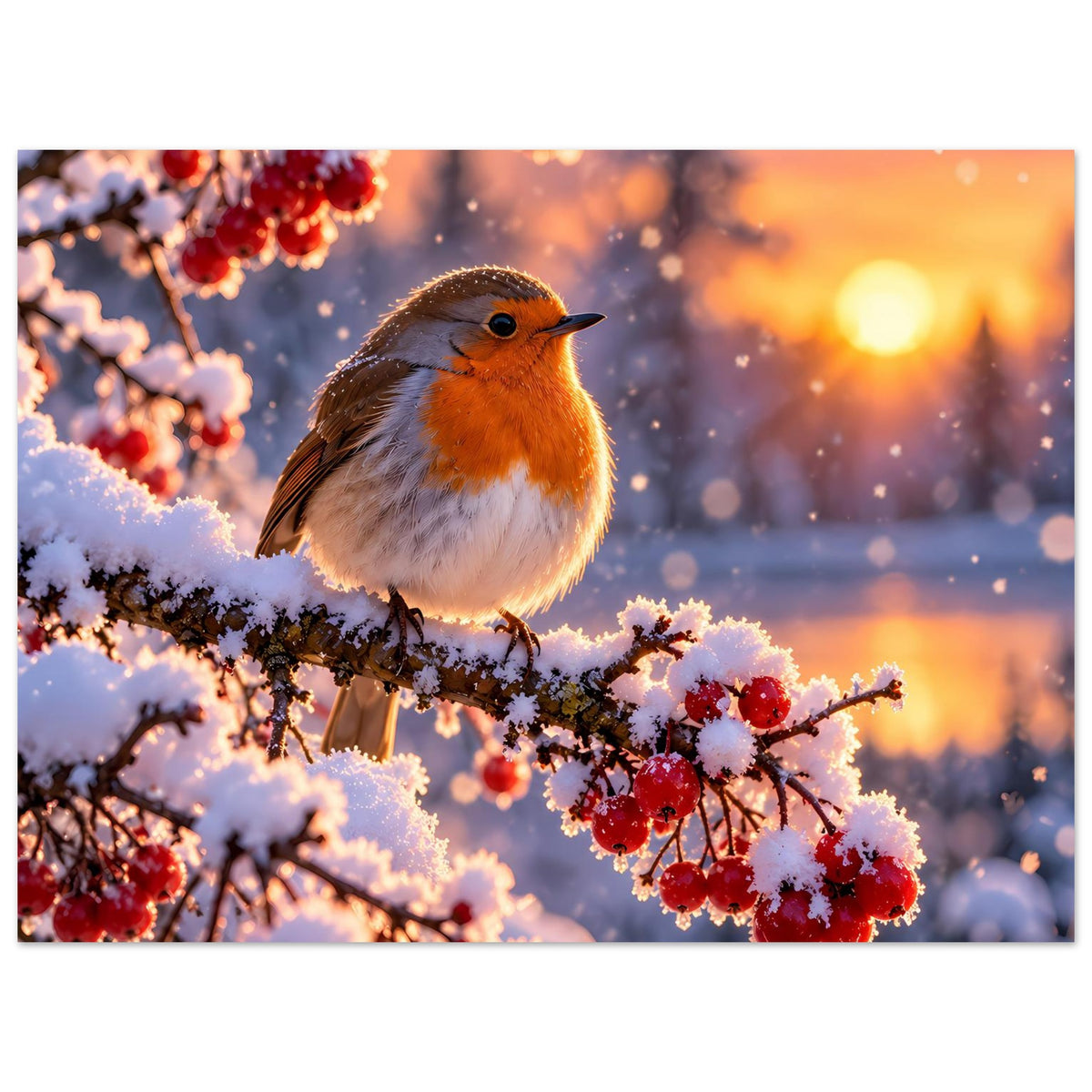Poster mit Rotkehlchen auf schneebedecktem Ast, rote Beeren und verschneite Zweige