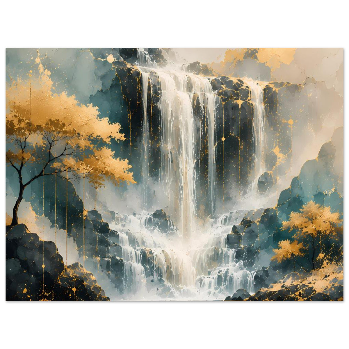 Wasserfall-Kunstdruck in Gold-Blau, vertikal, Posterprint mit fallenden Wasserlinien