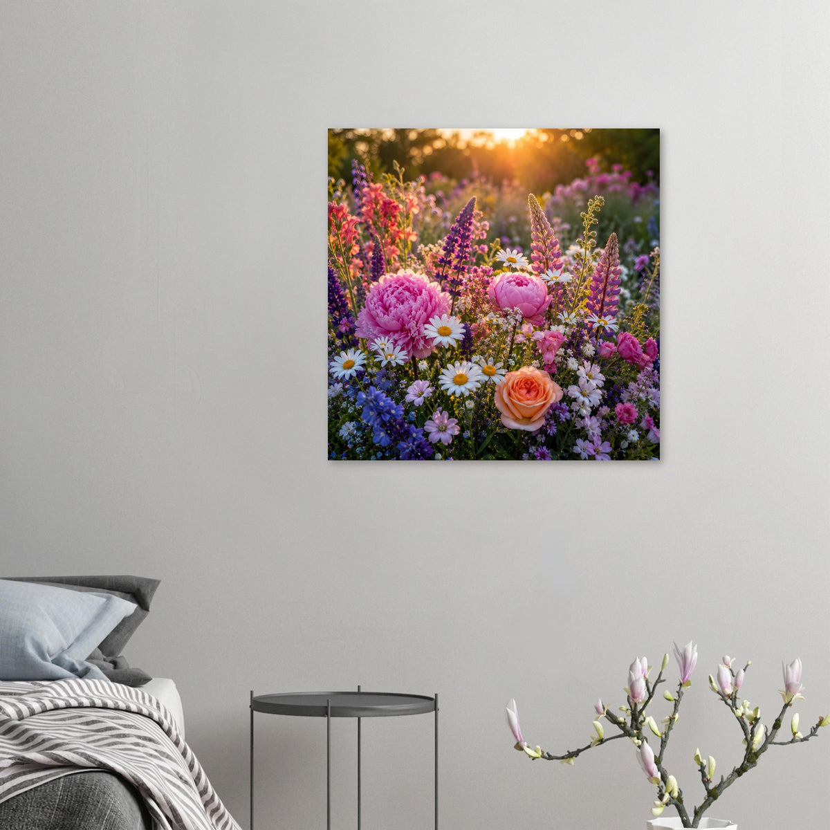 Kleines Blumenposter, quadratisch: buntes Blütenmeer mit Pfingstrosen und Gänseblümchen