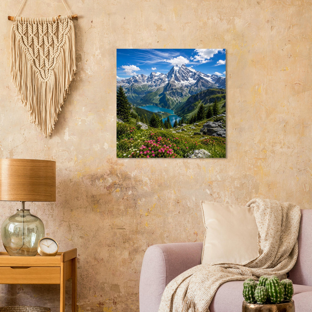 Alpenlandschafts-Poster mit Bergtal, blaugrünem See und bunten Wiesenblumen