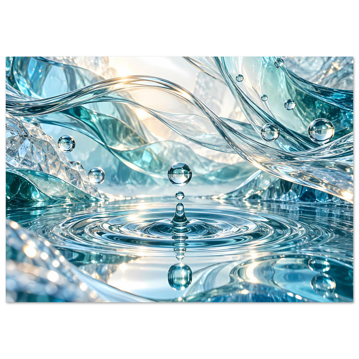 Wasserwelt-Poster im Querformat mit blauen Wellen, Glaskugeln und Wasserfontäne