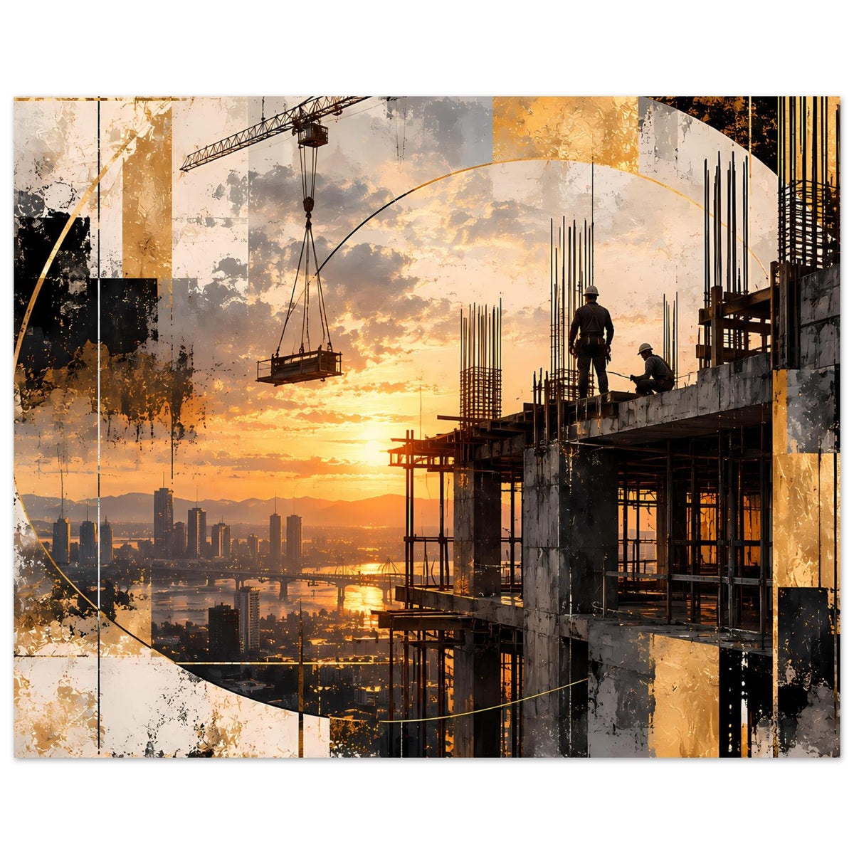 Abstraktes Baukunst-Poster im Querformat, Baustelle mit Sonnenuntergangsfarben