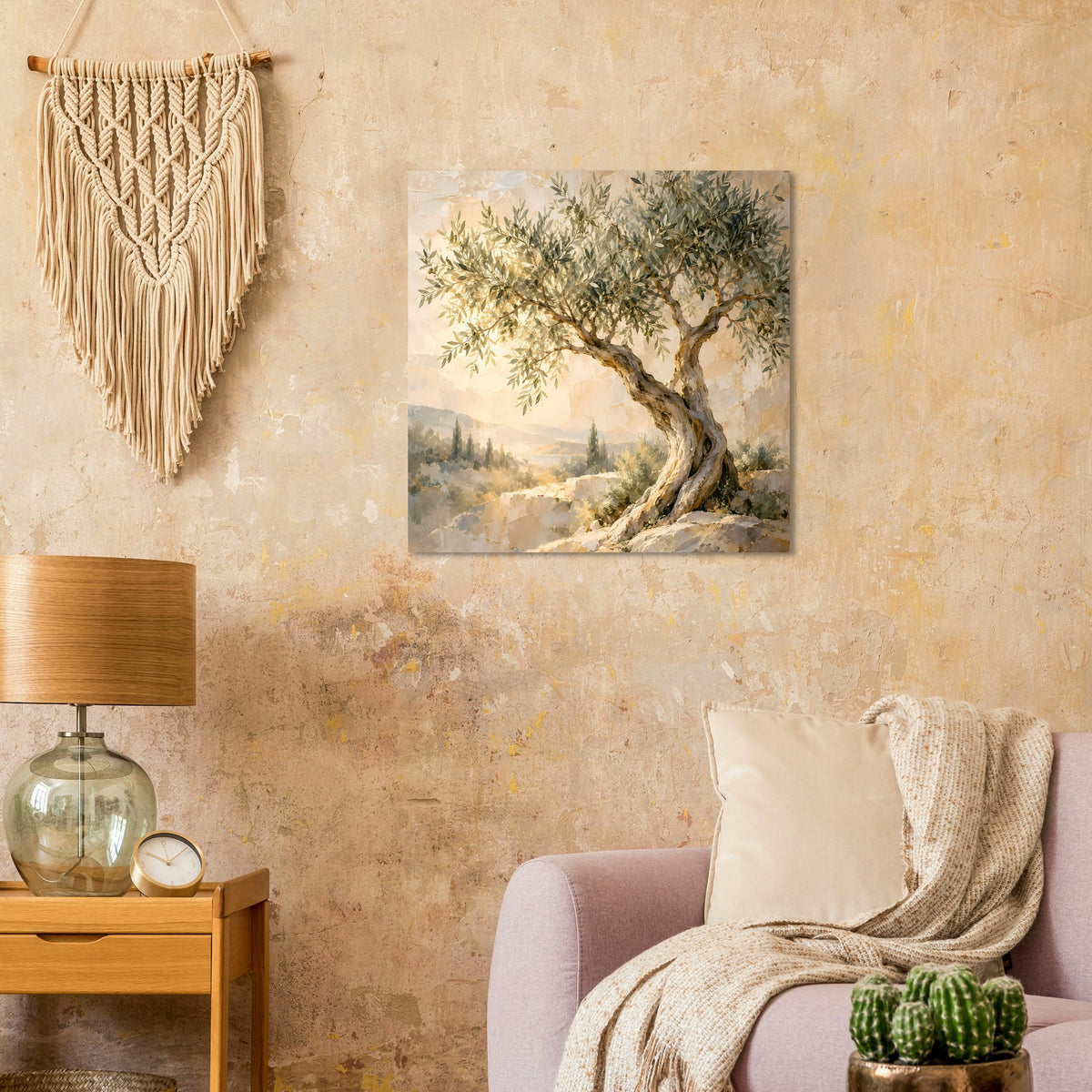 Quadratisches Poster: Olivenbaum mit Hügelkulisse in sanften Beige- und Grüntönen