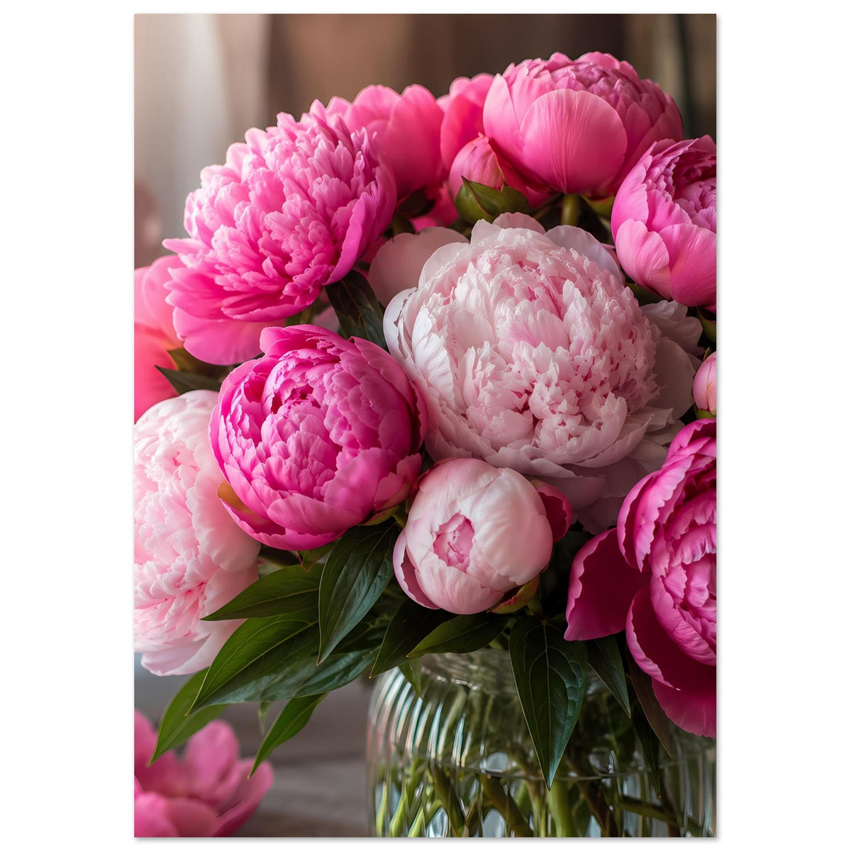 Poster mit rosa Pfingstrosen und weißen Akzenten im Glas, vertikal
