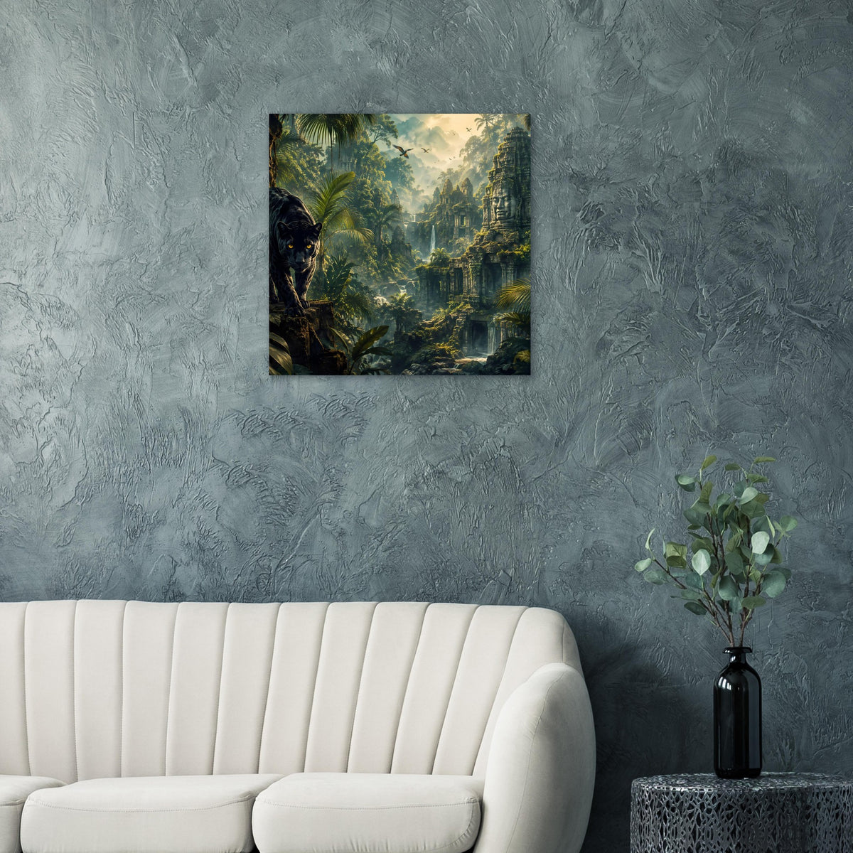 Poster mit Tropenlandschaft, Dschungelruinen und schwarzem Panther