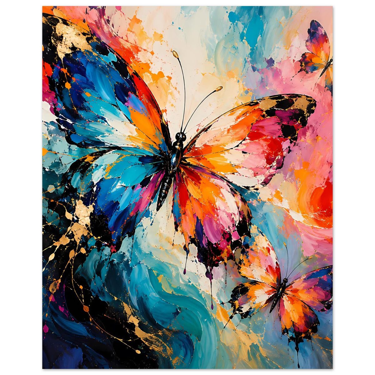Vertikales Schmetterlingsposter mit kräftigen Farben, großer Schmetterling links
