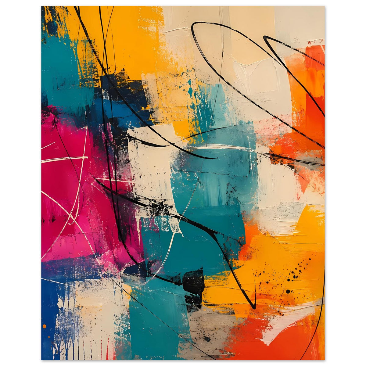 Abstraktes Kunstposter mit farbigen Pinselstrukturen und schwarzen Linien, Hochformat