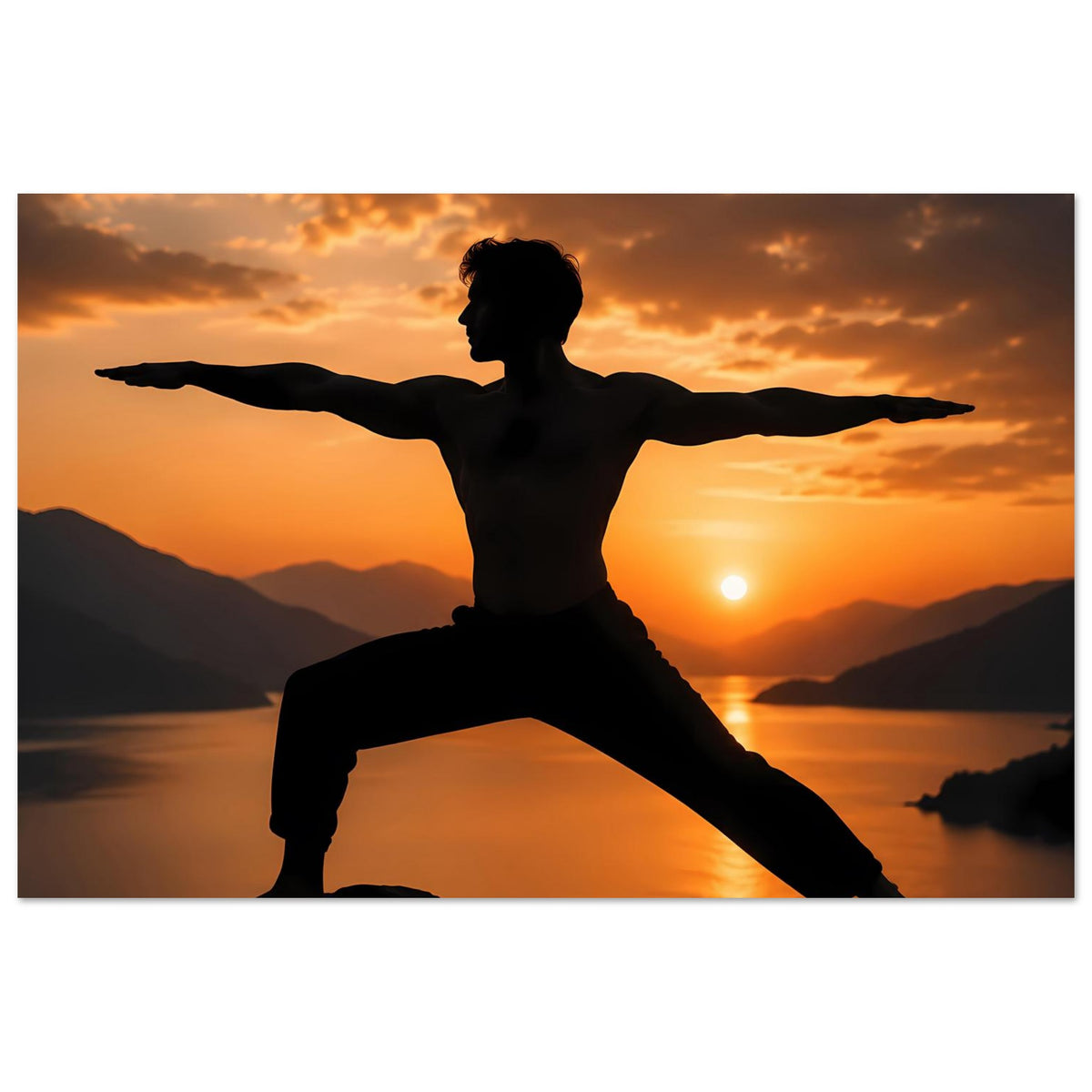 Yoga-Wandposter mit Kriegerpose-Silhouette, ausgestreckte Arme, Sonnenuntergang