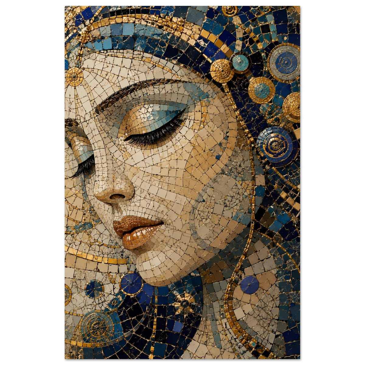 Mosaik-Porträtposter: Frauengesicht in Blau und Gold, harmonische Komposition mittig