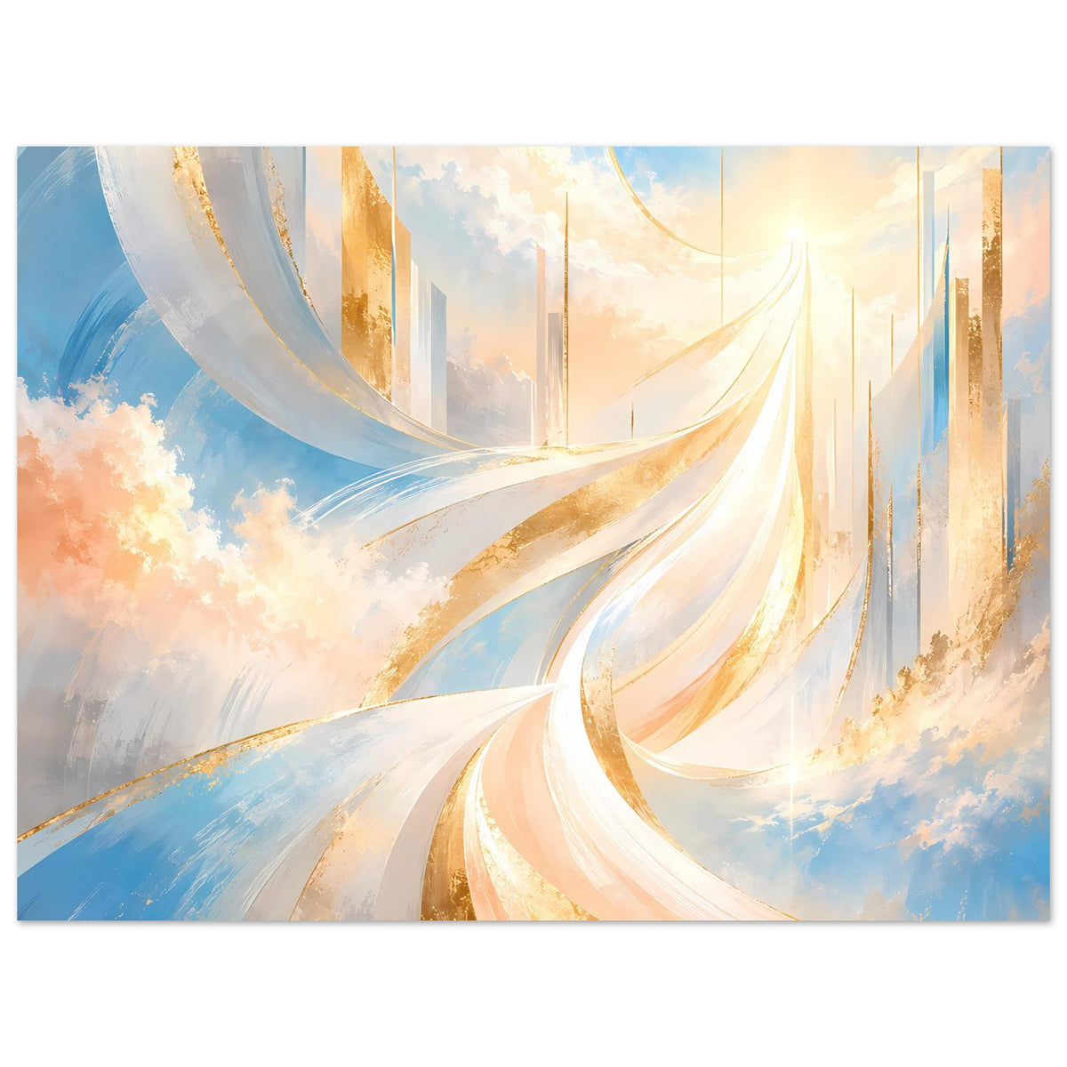 Abstraktes Poster im Panoramaformat mit goldenen Sprenkeln, weißen Schwüngen und Blau