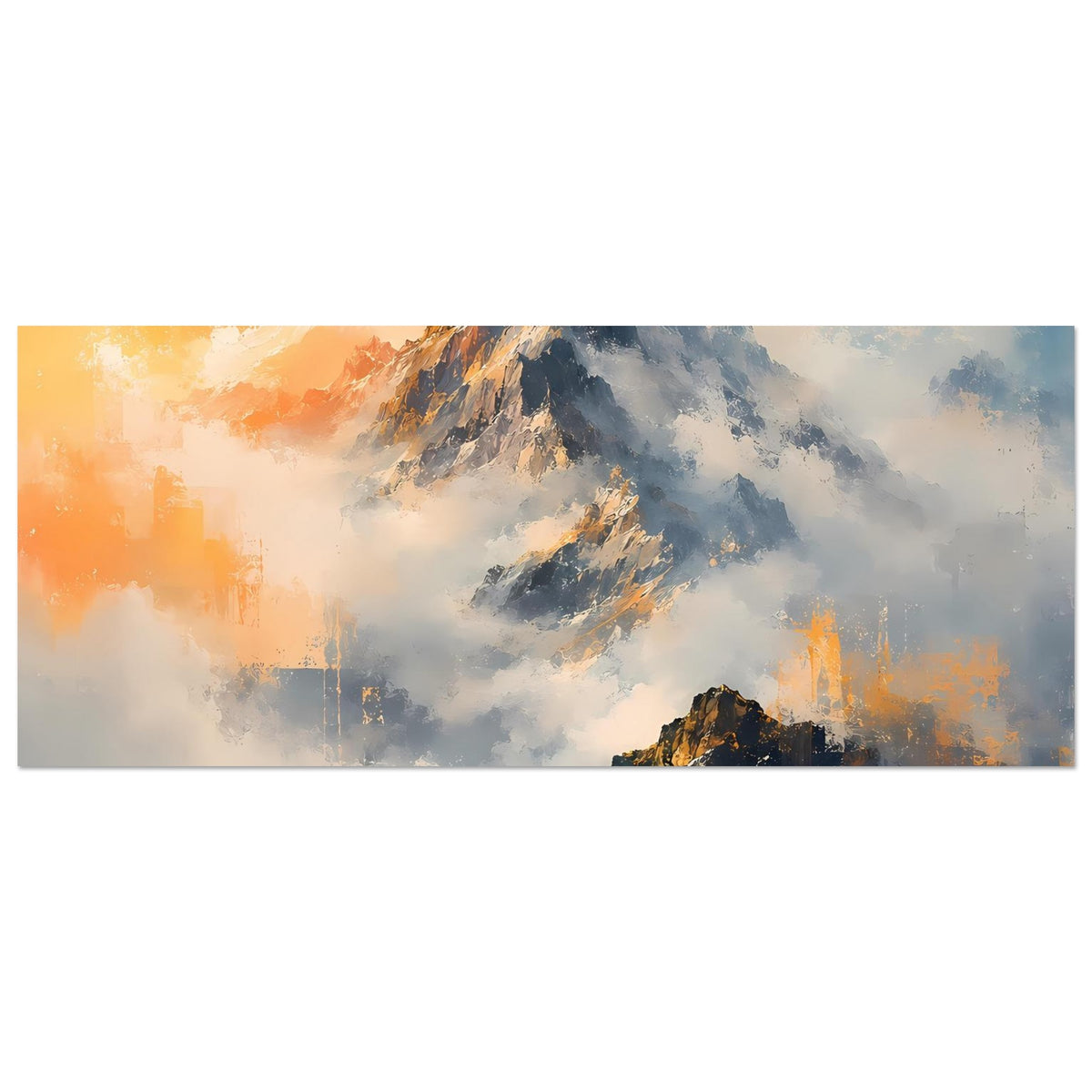 Horizontales Poster mit Berglandschaft, orangefarbenem Himmel und blauen Wolken