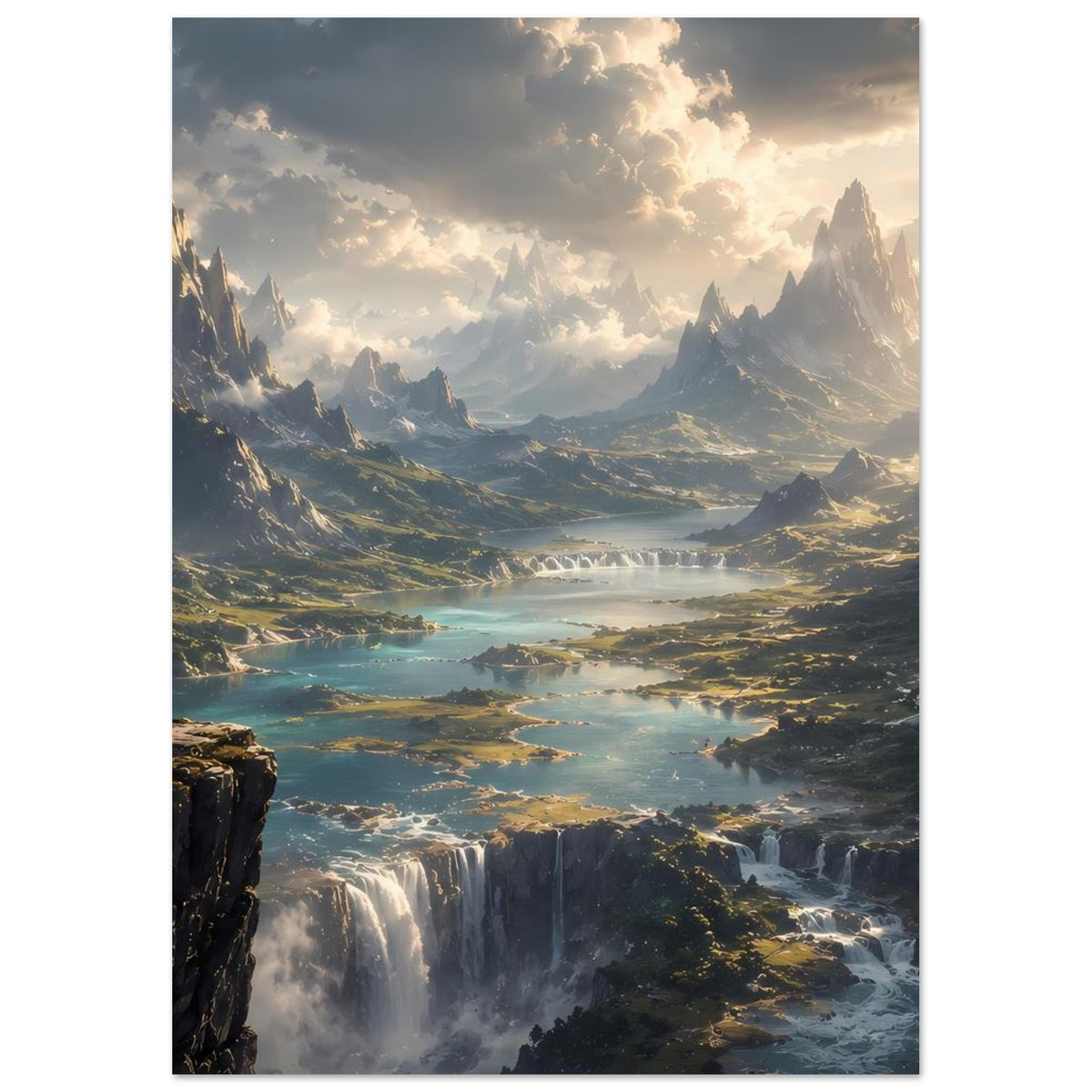 Landschaftsposter mit Bergtal, Fluss und Wasserfällen, Person am Felsen.