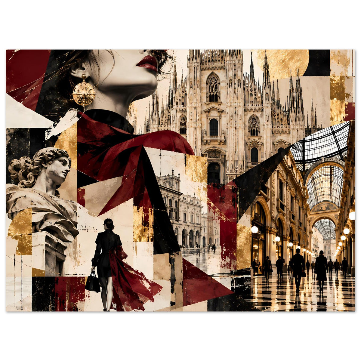 Wandposter mit Collage-Motiv: Frau im Profil, gotische Gebäudeansicht, Burgund und Gold