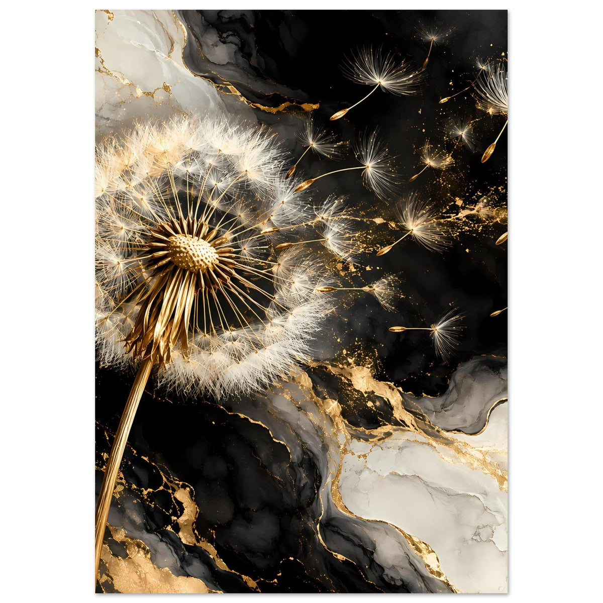 Dandelion-Poster, vertikal: große Pusteblume mit goldener Mitte, schwarze Fläche, goldene Sternfunken