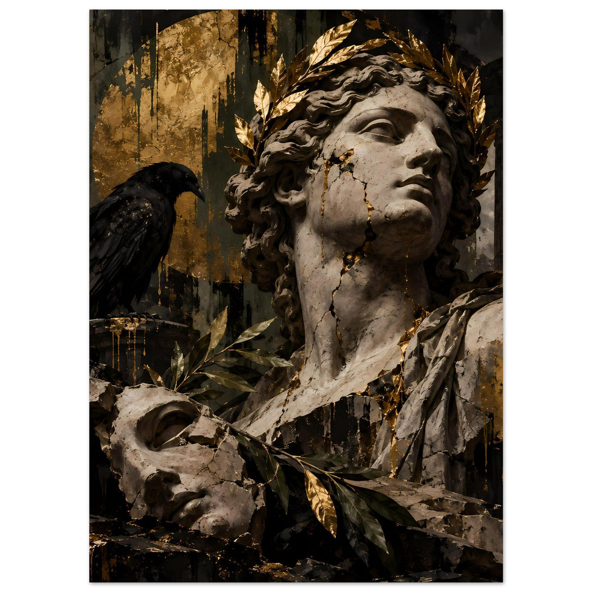 Barockes Poster mit Statue und goldenen Lorbeerzweigen, Fokus auf Gesicht und Brust