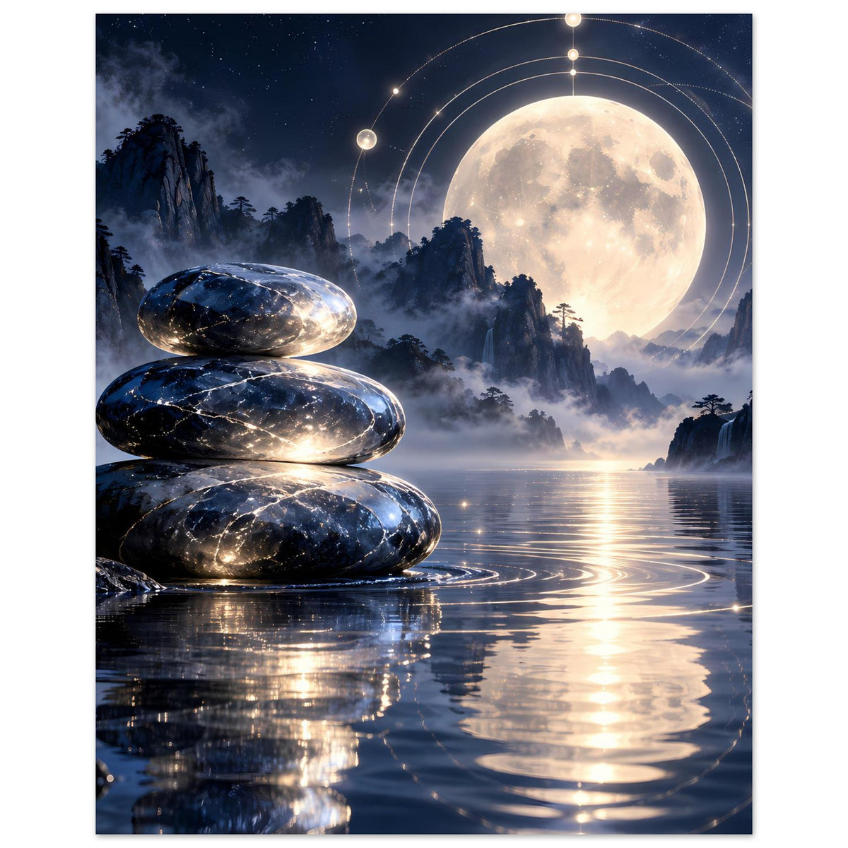 Wandposter (hochkant) mit Zen-Steinen, Vollmondschein und leuchtenden Ringen über See
