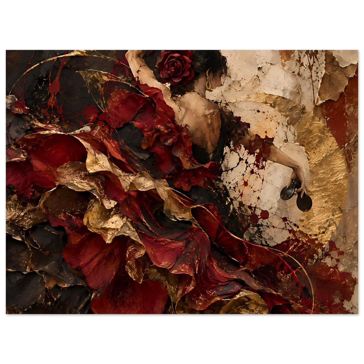 Horizontales Wandkunstposter mit Frauengesicht, roter Rose, rotem Faltenkleid und goldfarbenem Hintergrund