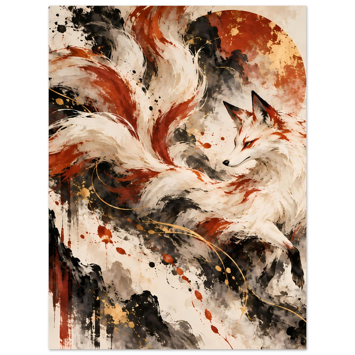 Fantasy-Poster mit ruhigem Fuchs, neun Schweifen, rotbraune Formen, schwarze Spritzer