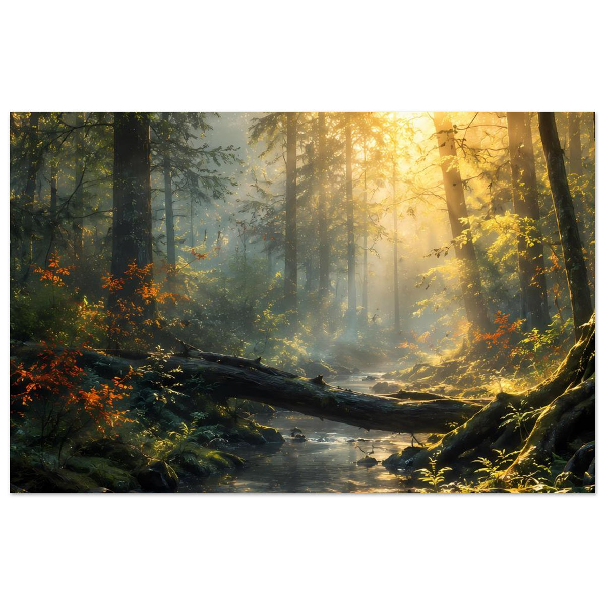 Horizontales Poster mit Bachlauf durch den Wald, dunkle Steine und leuchtendes Herbstlaub