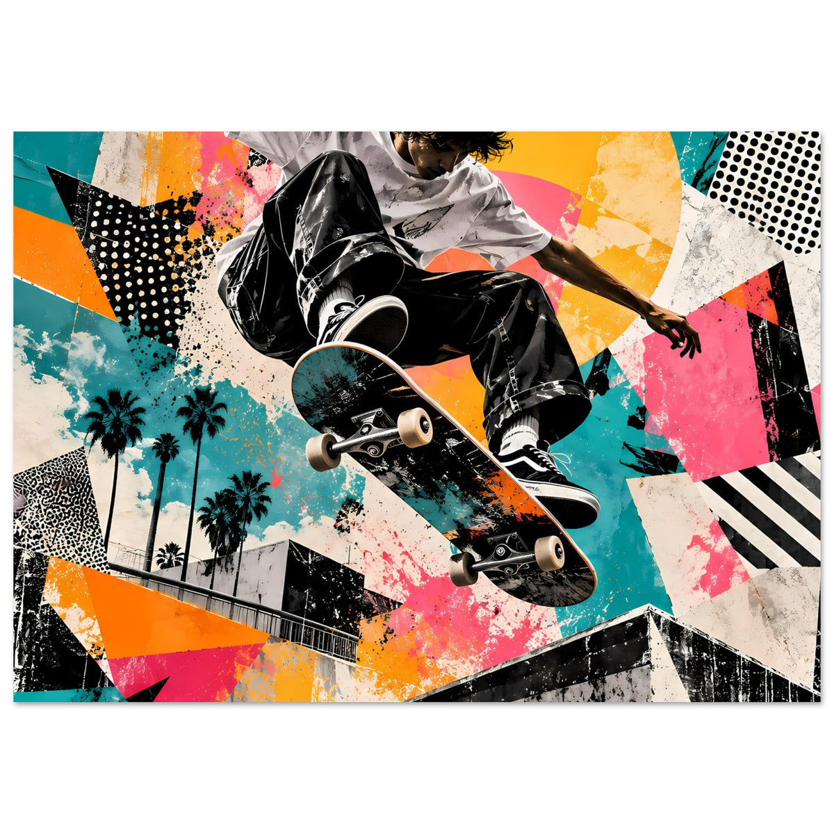Horizontales Street-Art-Poster: Skateboarder in Bewegung, Neonfarben, farbige Muster