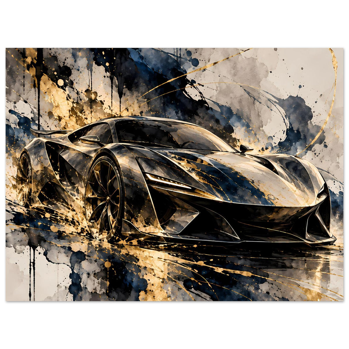 Poster mit Supersportwagen, schwarze Front und Gold-Highlights, gestreutes Spritzdesign