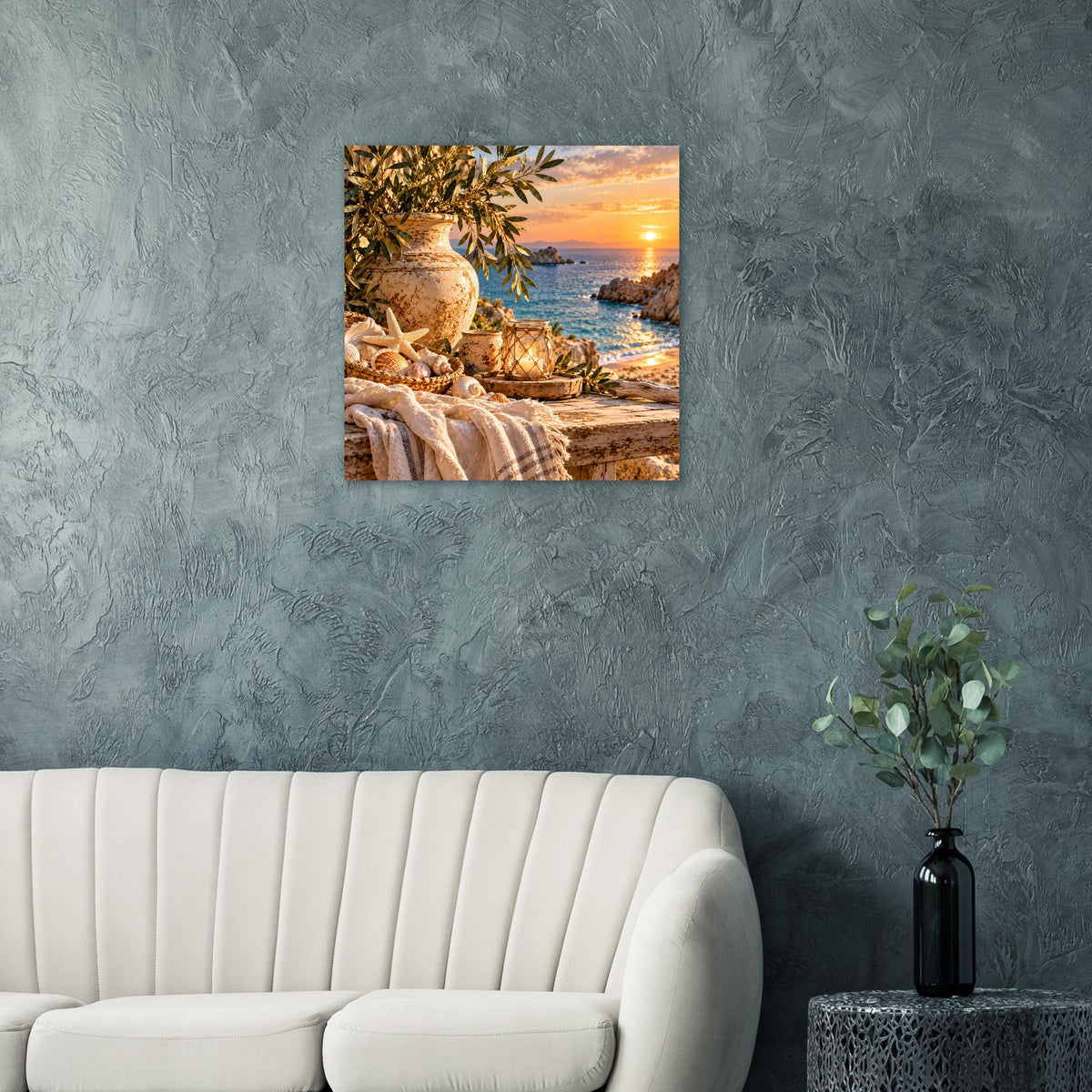 Gerahmtes Wandbild mit mediterranem Sonnenuntergang und Meerblick, Muscheln und Oliven