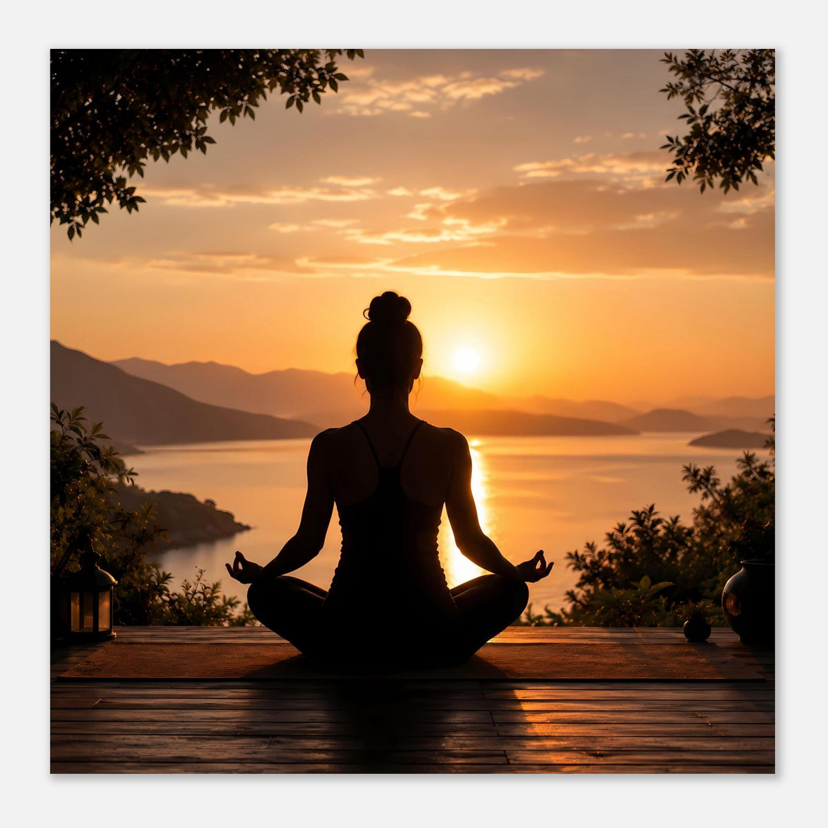 Meditationsposter im Querformat: Silhouette einer Person im Lotussitz auf Holzterrasse