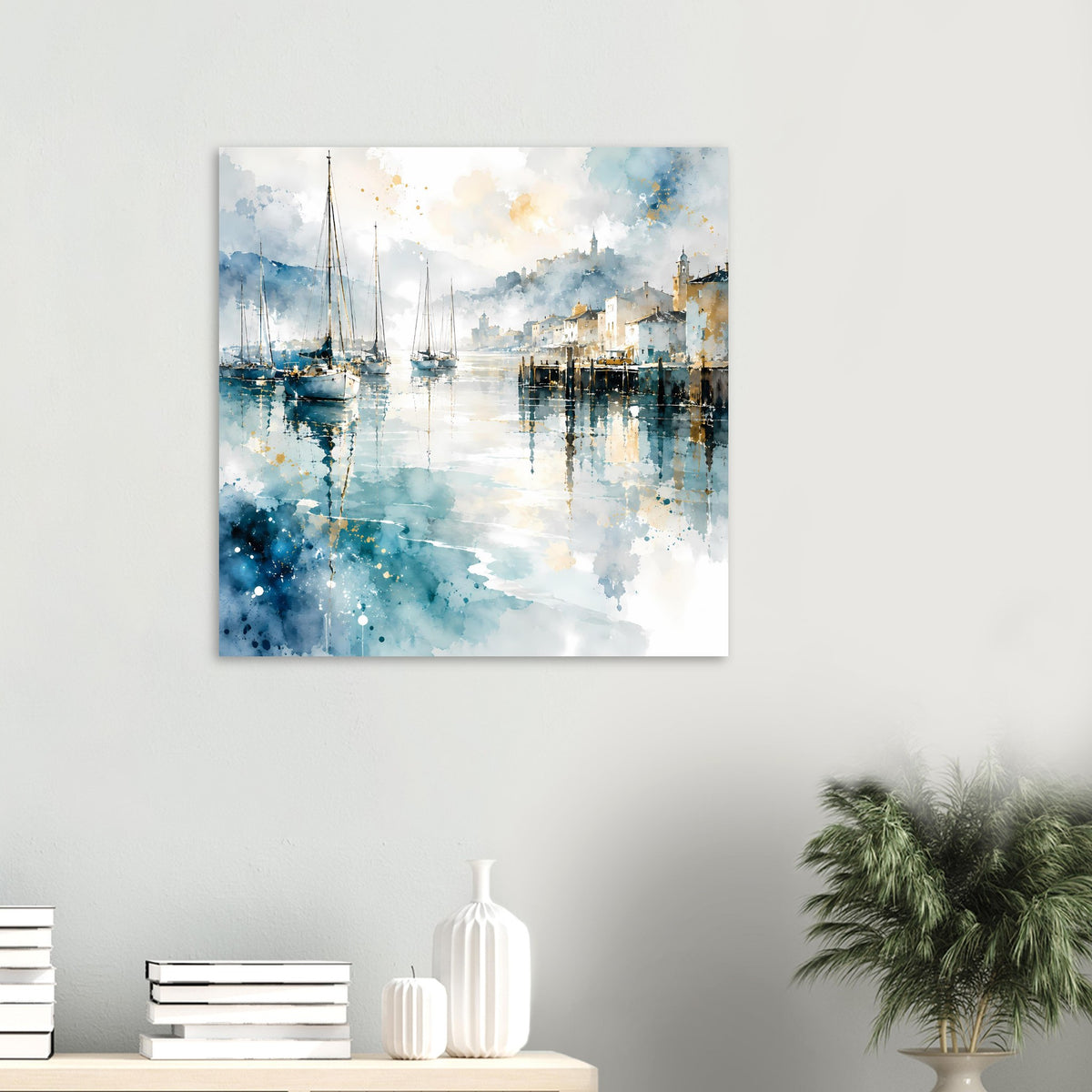 Kleines Aquarell-Poster mit Segelbooten und Hafenstadt, helles Blau und Wolkenflecken