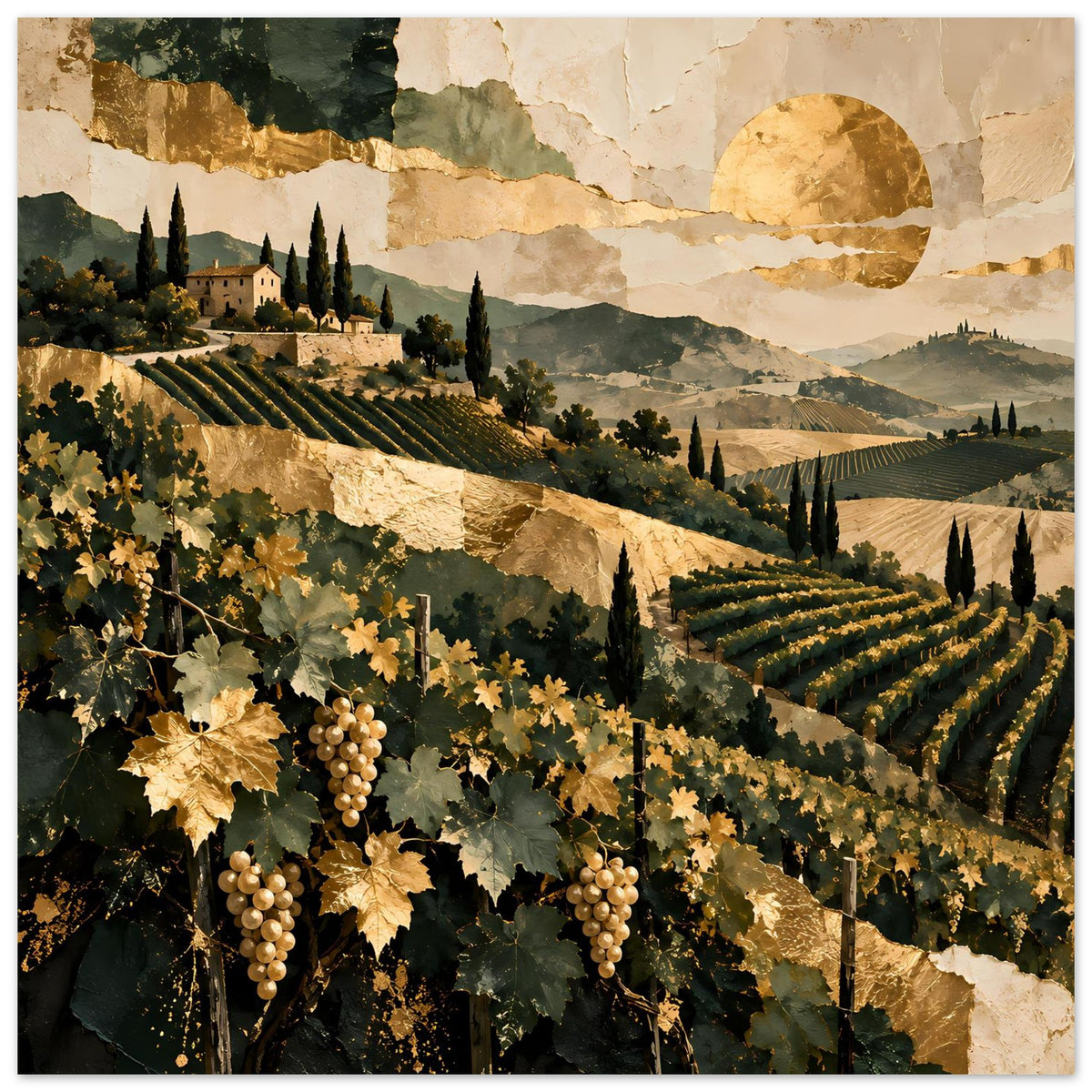 Poster mit mediterraner Weinlandschaft, Zypressen und Traubenblättern unten links