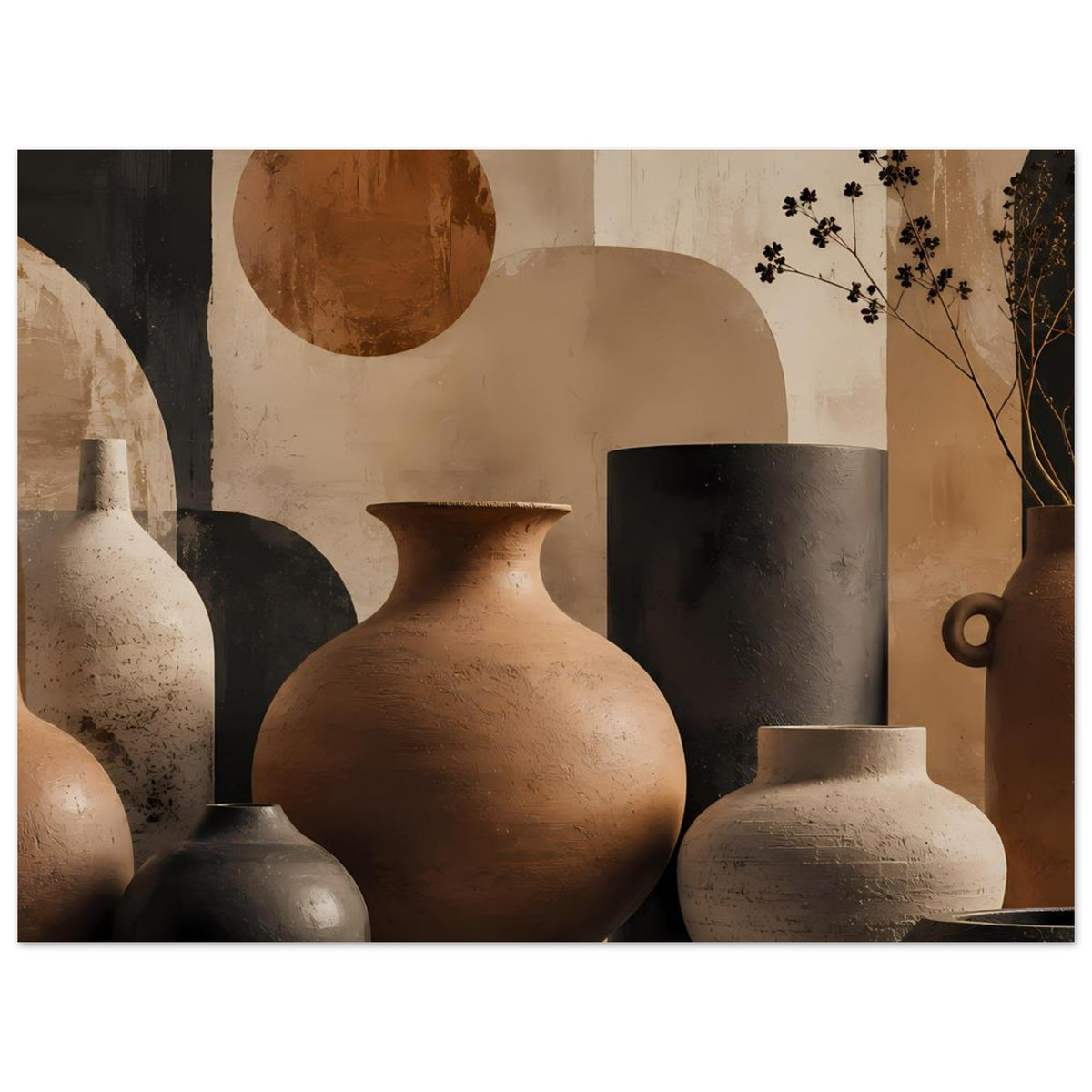 Poster mit Keramikvasen: große terrakottafarbene Rundvase, schwarze und beige Gefäße