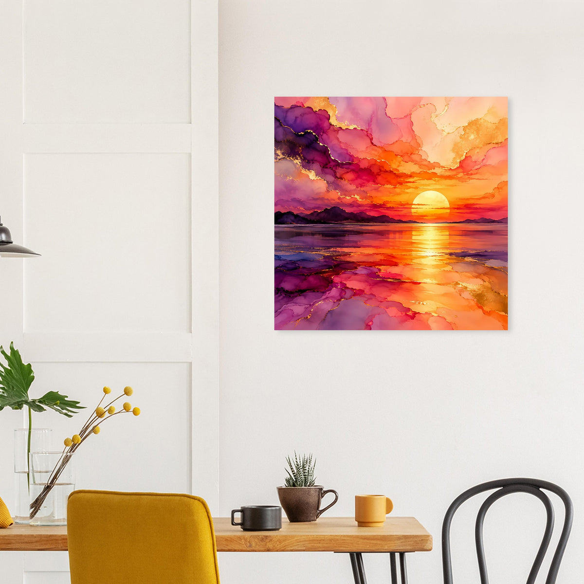 Poster mit Sonnenuntergang über ruhigem Meer in Violett, Orange und Gold