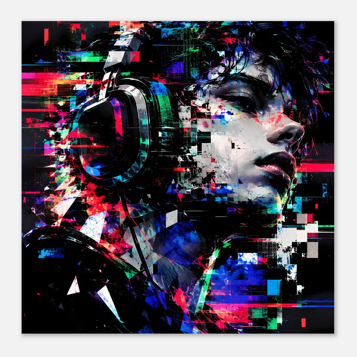 Quadratisches Poster mit Digital-Art-Gesicht, Neonfarben und pixeligen Störmustern