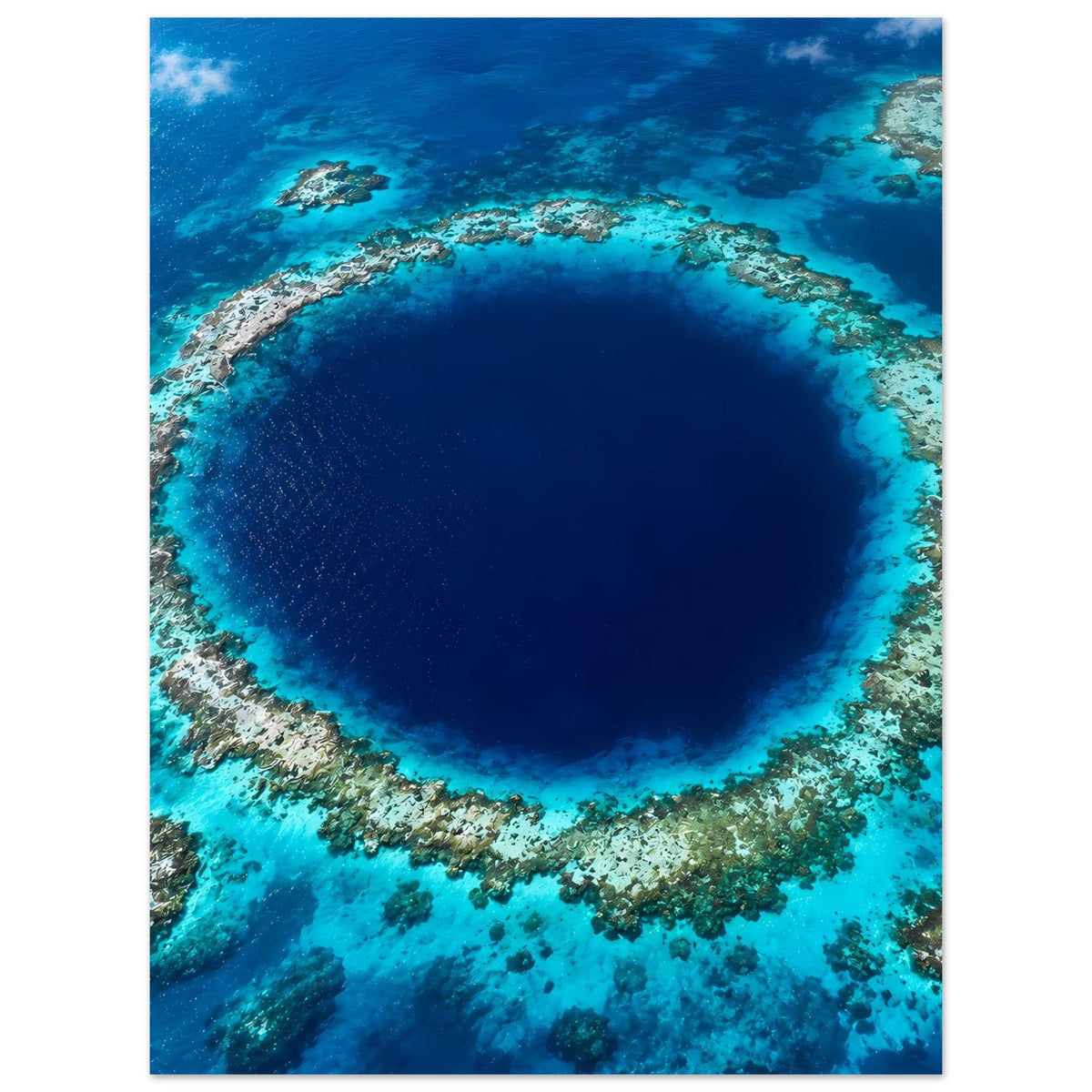 Poster mit Unterwasser-Ansicht: dunkle blaue Senke, ringförmiges Korallenriff