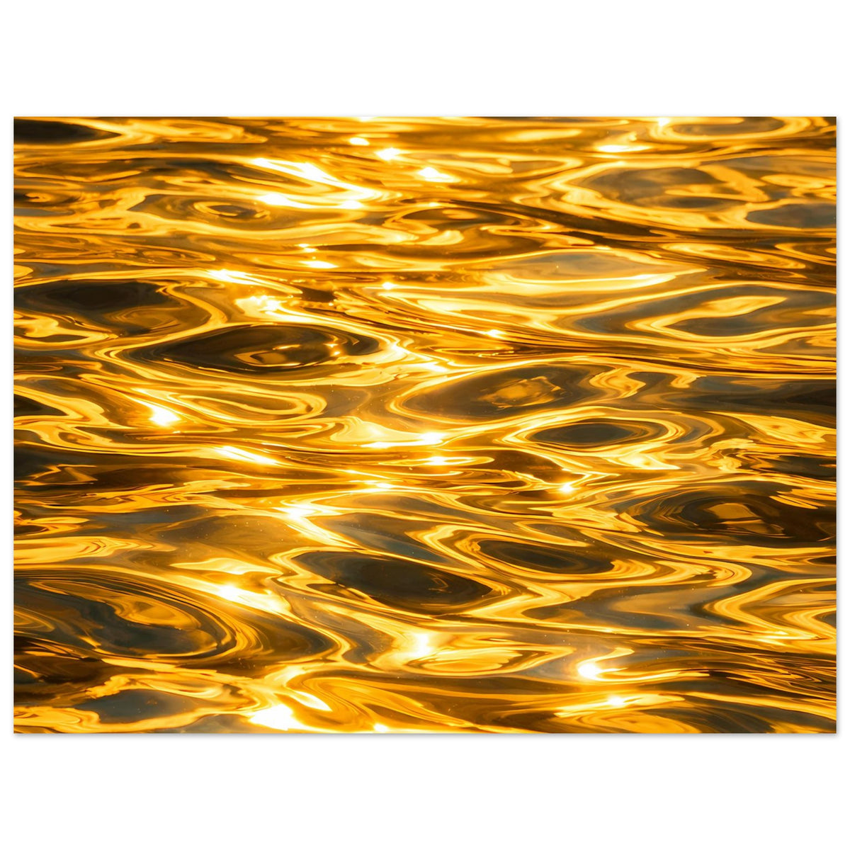 Abstraktes Poster mit gold-orangen Wellenlinien und dunklen Bereichen auf mattem Papier.