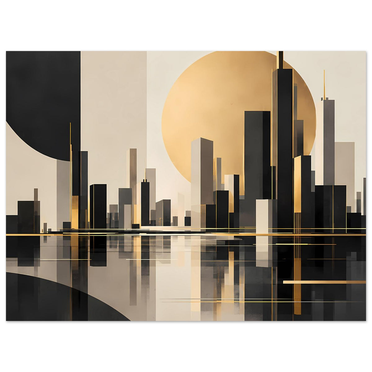 Abstraktes Stadtlandschafts-Poster im Querformat: Skyline mit goldenen Streifen und Spiegelung